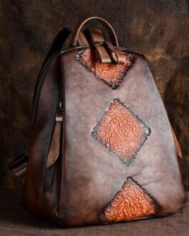 Vegetable-tanned leather leather backpack women’s multi-functional large capacity multi-pocket embossing retro color rubbing process foreign trade cross-border