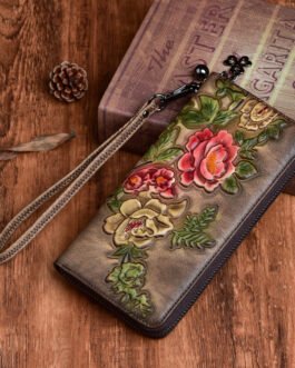 Vegetable-tanned leather leather women’s wallet long zipper bag women’s top layer cowhide mobile phone bag women’s high-end sense retro embossing