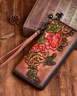 Vegetable-tanned leather leather women’s wallet long zipper bag women’s top layer cowhide mobile phone bag women’s high-end sense retro embossing