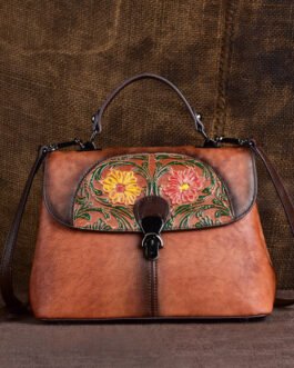 The first layer of cowhide women’s bag embossed retro hand-polished color hand-held cross-body bag women’s high-end sense Guangzhou factory one generation