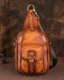Factory direct vintage genuine leather chest bag, men’s tree high leather hand-wiped color-wear, multifunctional trendy single-shoulder casual crossbody bag