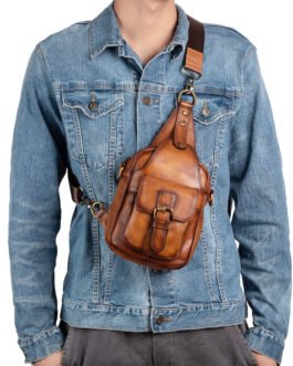 Factory direct vintage genuine leather chest bag, men’s tree high leather hand-wiped color-wear, multifunctional trendy single-shoulder casual crossbody bag