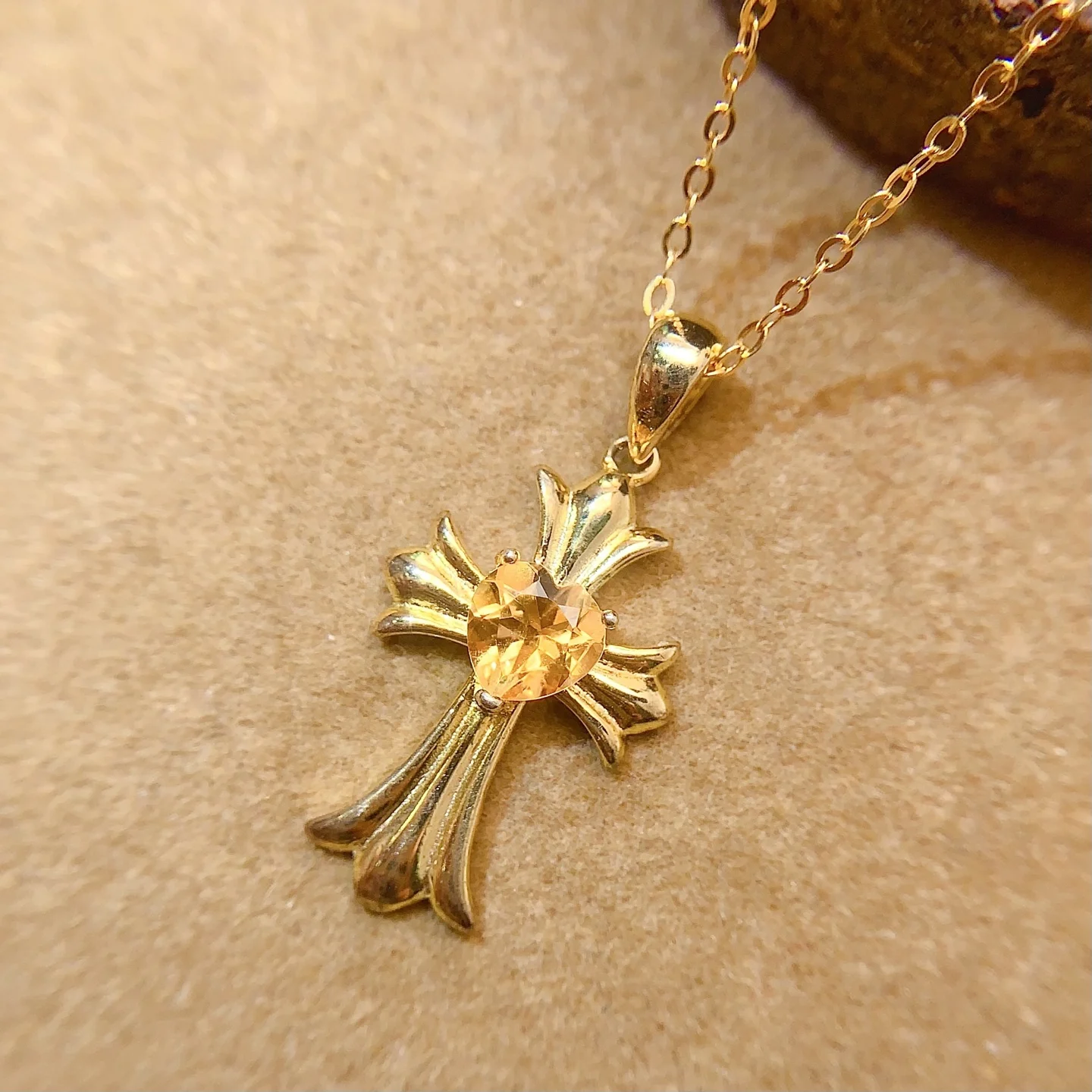 Natural Citrine Heart Cross Pendant Necklace - view 1