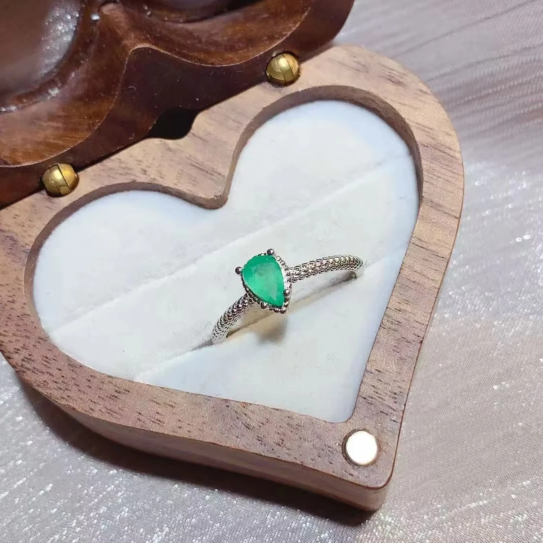 Natural Emerald Silver Pear Ring - view 1