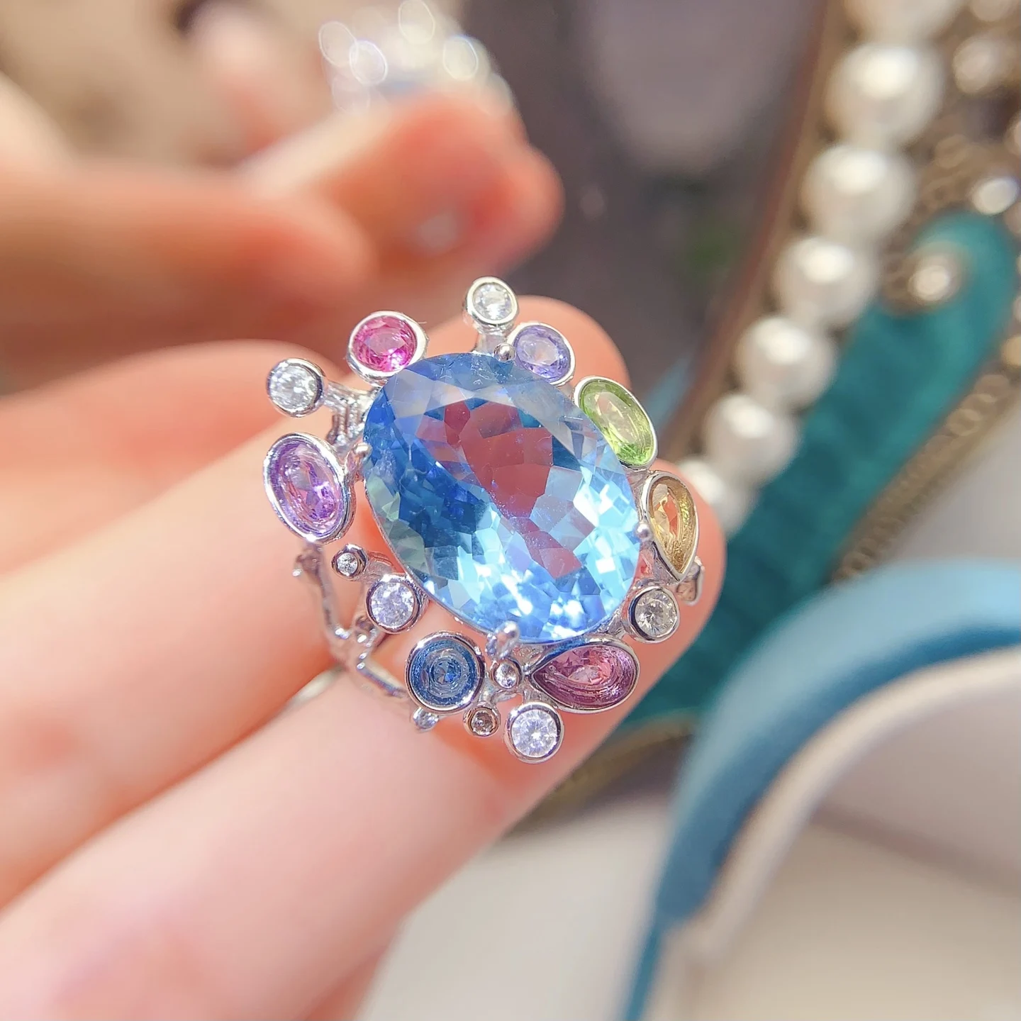 Natural Topaz Rainbow Halo Ring - view 2