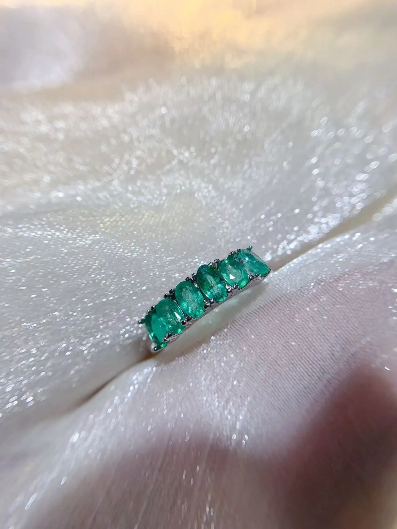 Natural Emerald Silver Row Ring - view 3