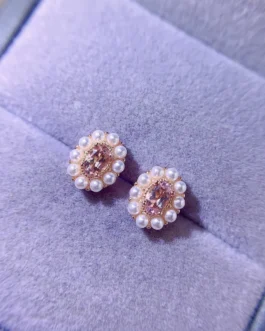Natural Morganite Pearl Halo Earrings