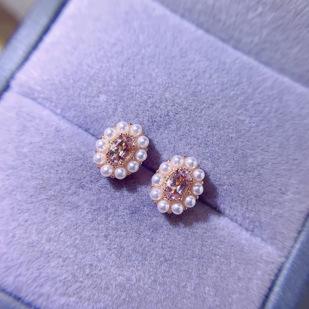 Natural Morganite Pearl Halo Earrings - view 1