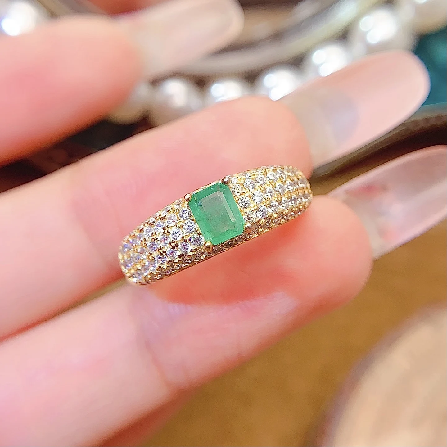 Natural Emerald Chunky Pavé Ring - view 4