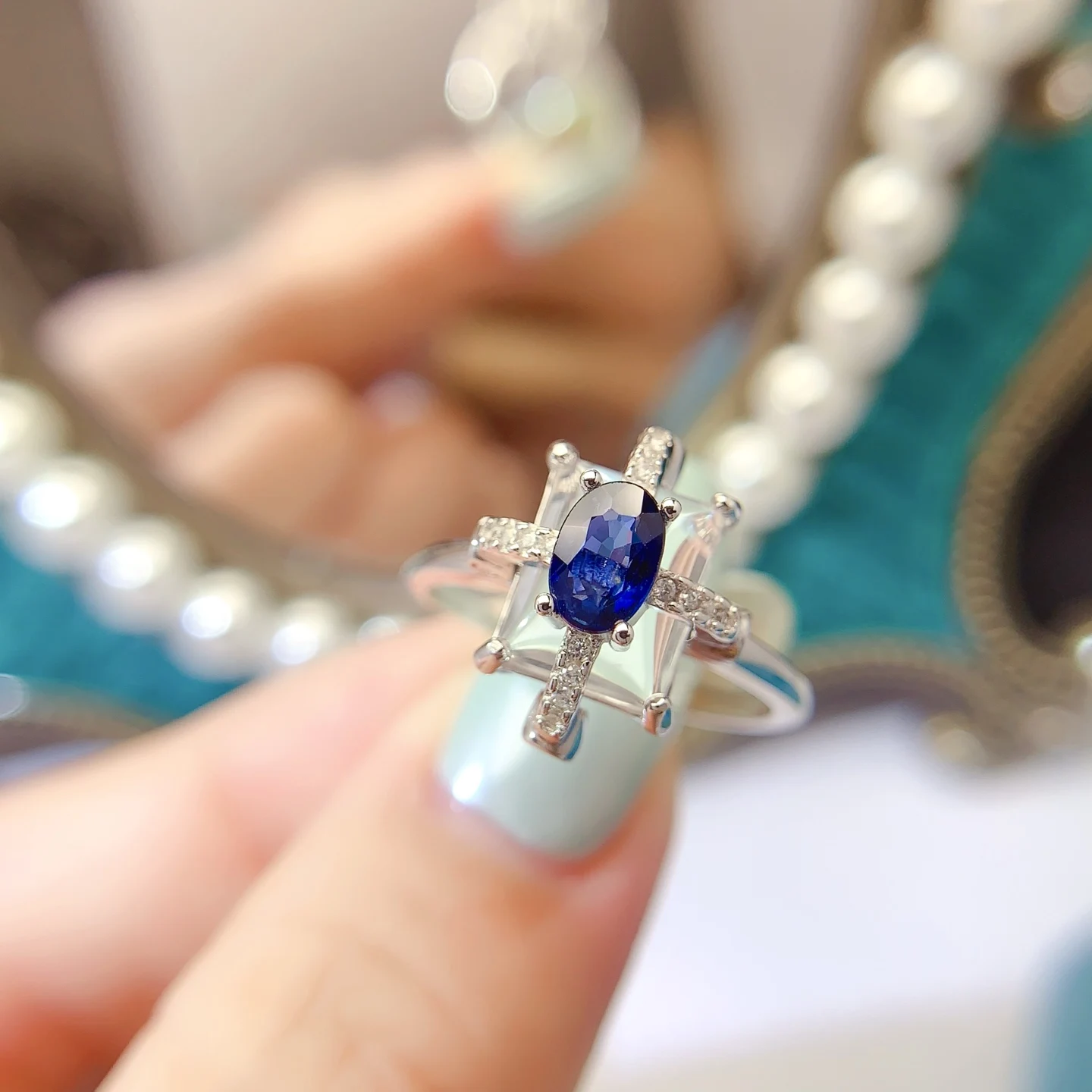 Natural Sapphire Star Halo Ring - view 1