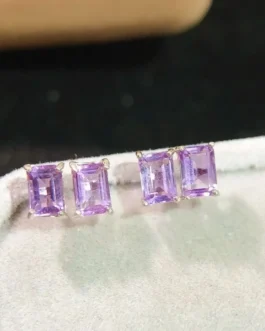 Natural Amethyst Rectangle Stud Earrings