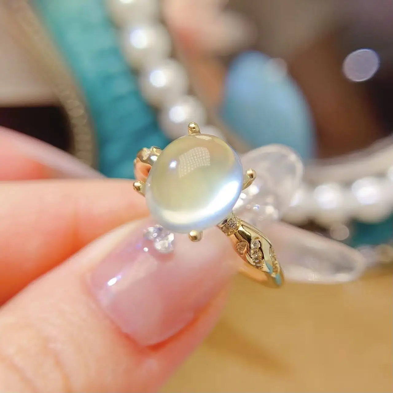 Natural Prehnite Classic Gold Ring - view 1