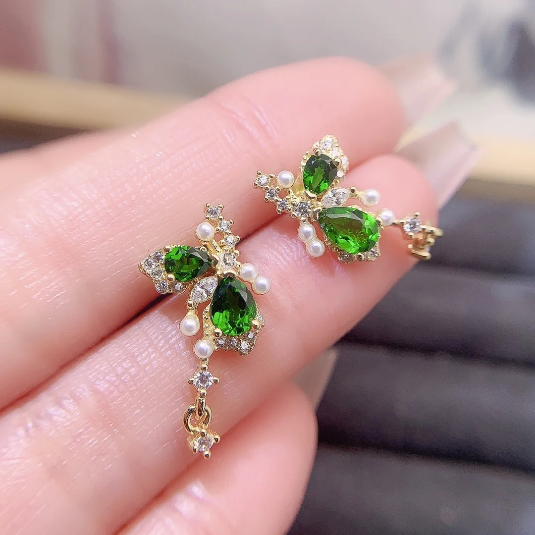 Natural Diopside Pear Stud Earrings - view 1