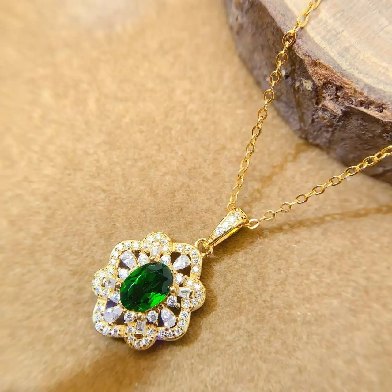 Natural Diopside Flower Pendant Necklace - view 2
