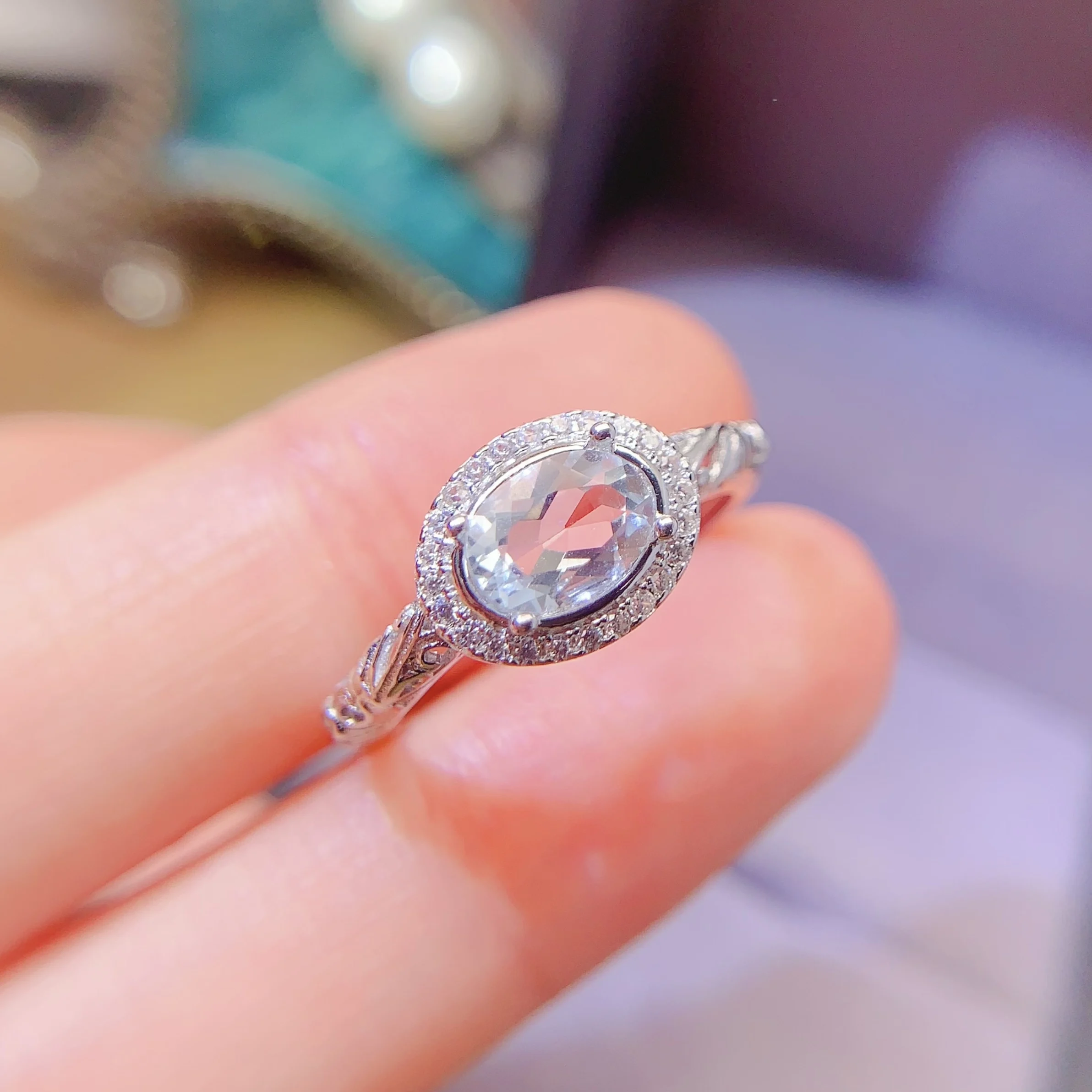 Natural Aquamarine Gold Halo Ring - view 1