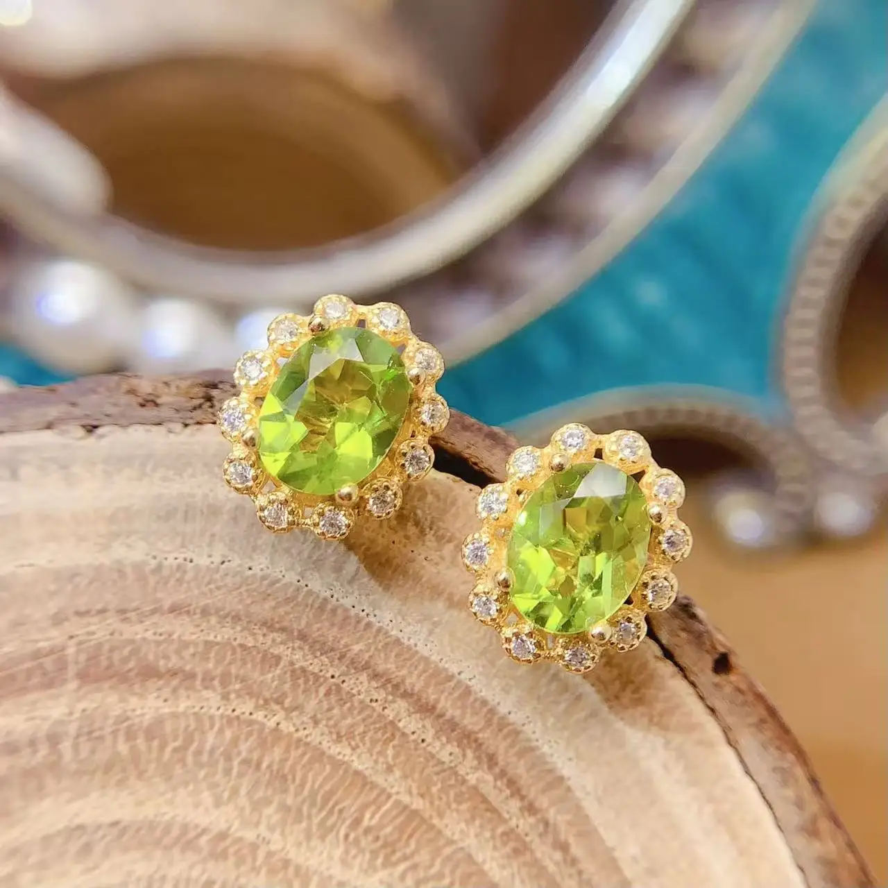 Natural Peridot Flower Stud Earrings - view 2