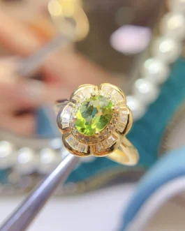 Natural Peridot Flower Halo Ring