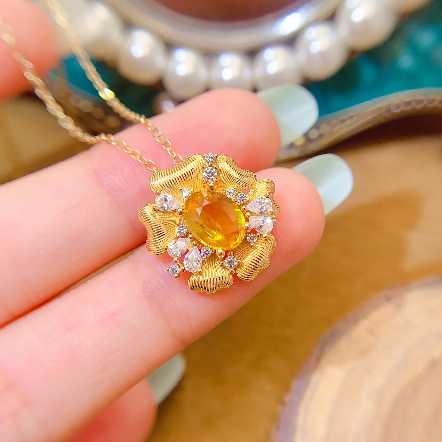 Natural Sapphire Sunflower Pendant Necklace - view 1