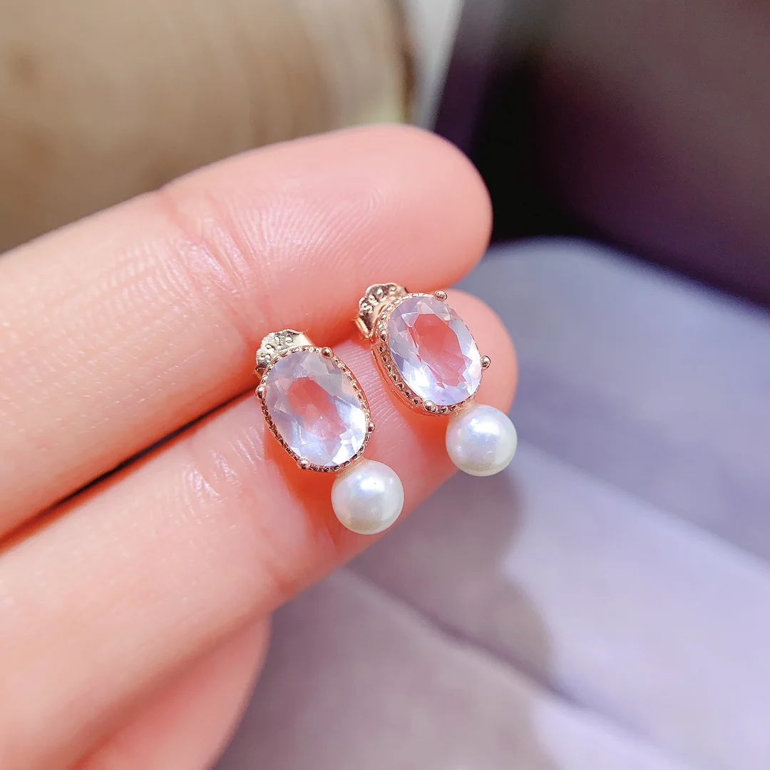 Natural Rose Quartz Pearl Earrings - view 1