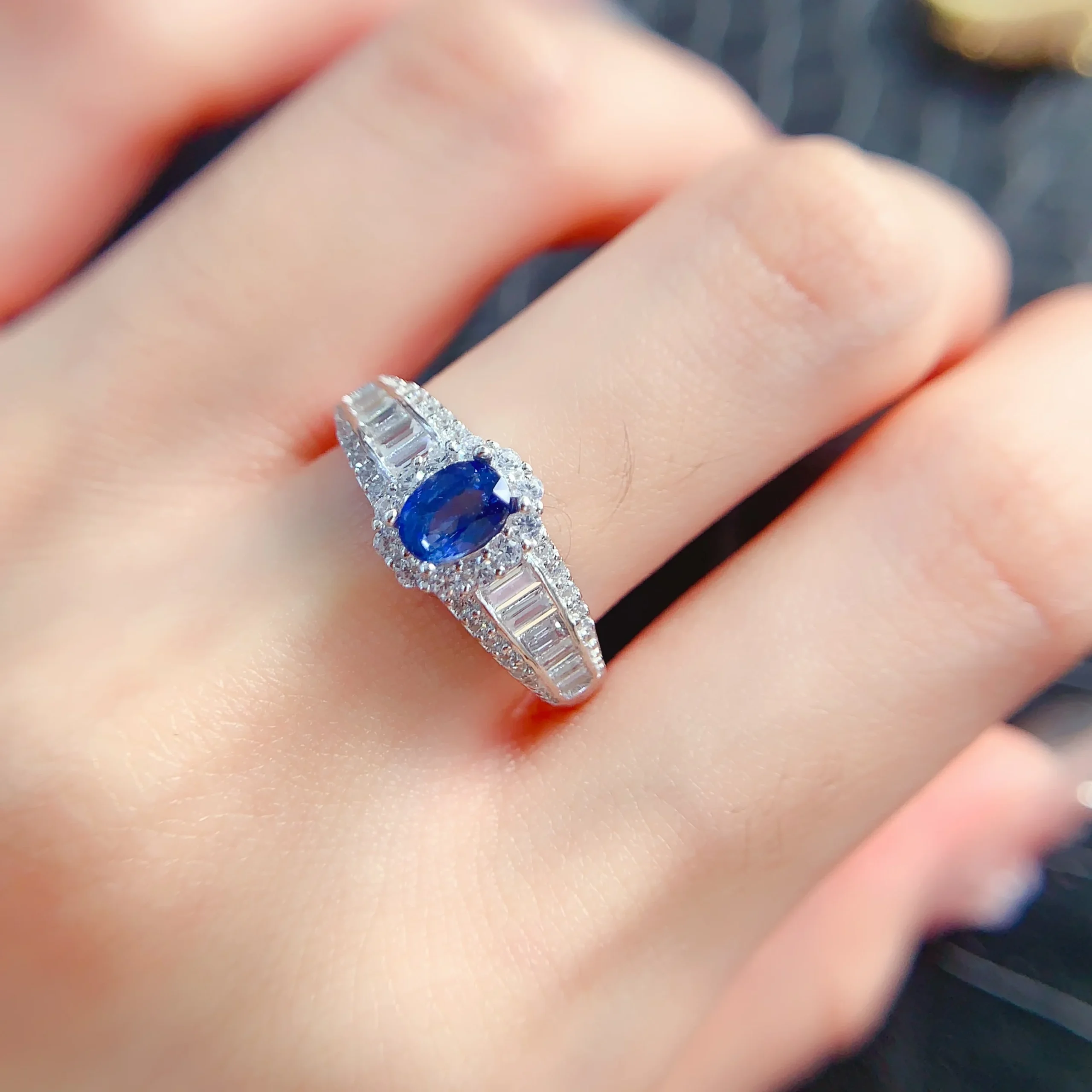Natural Sapphire Baguette Halo Ring - view 3