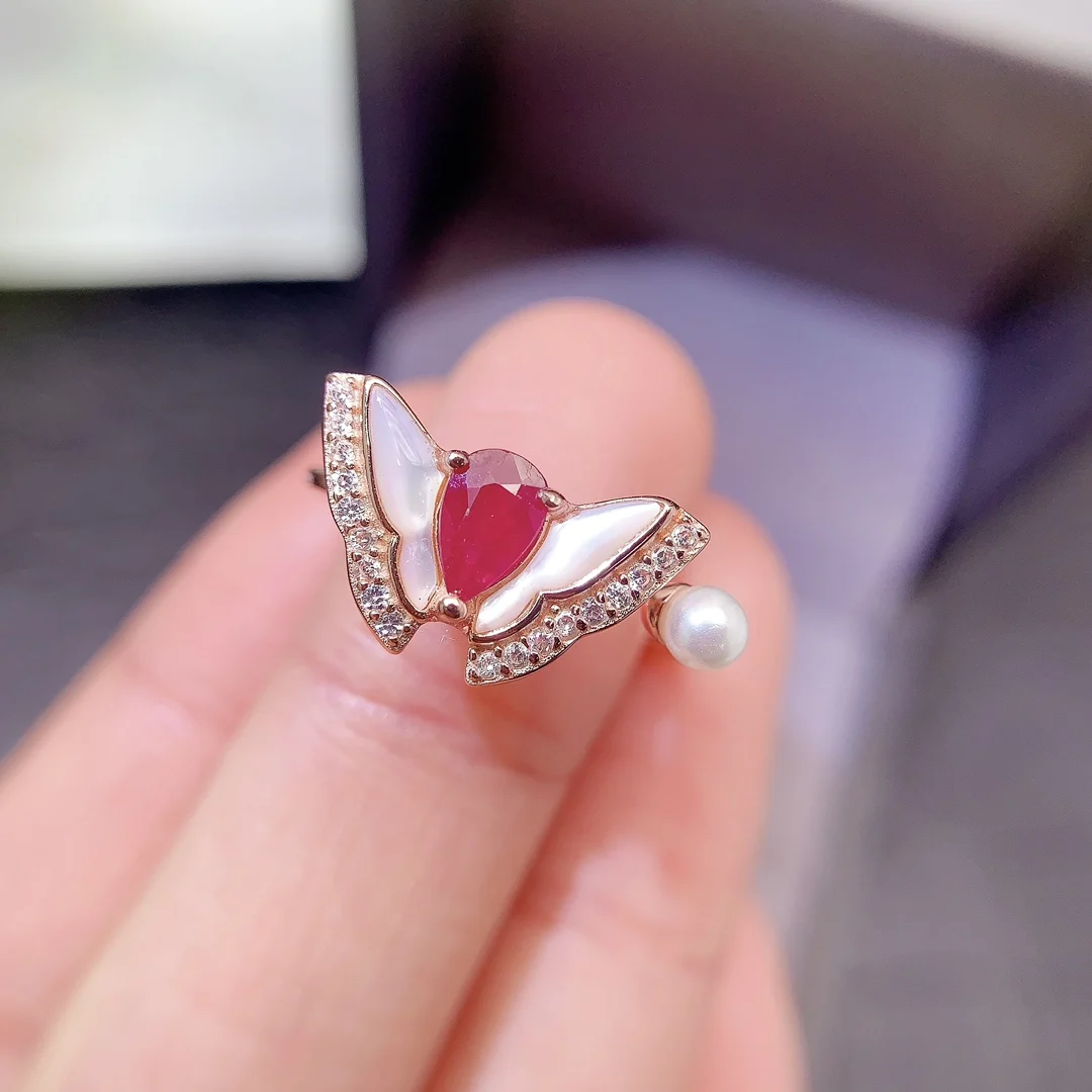 Natural Ruby Butterfly Pearl Ring - view 1