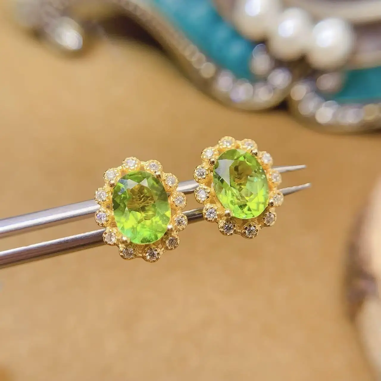 Natural Peridot Flower Stud Earrings - view 1