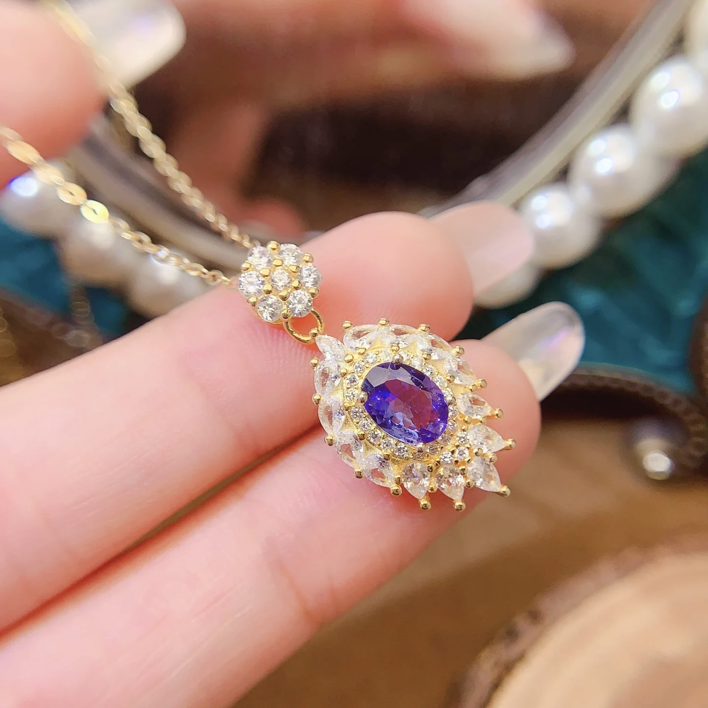 Natural Tanzanite Sunburst Pendant Necklace - view 4