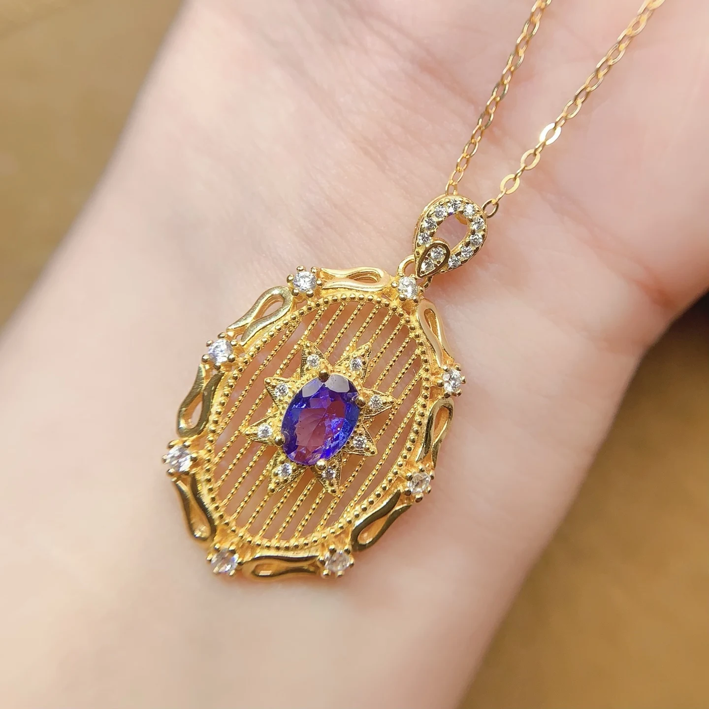 Natural Tanzanite Filigree Pendant Necklace - view 4