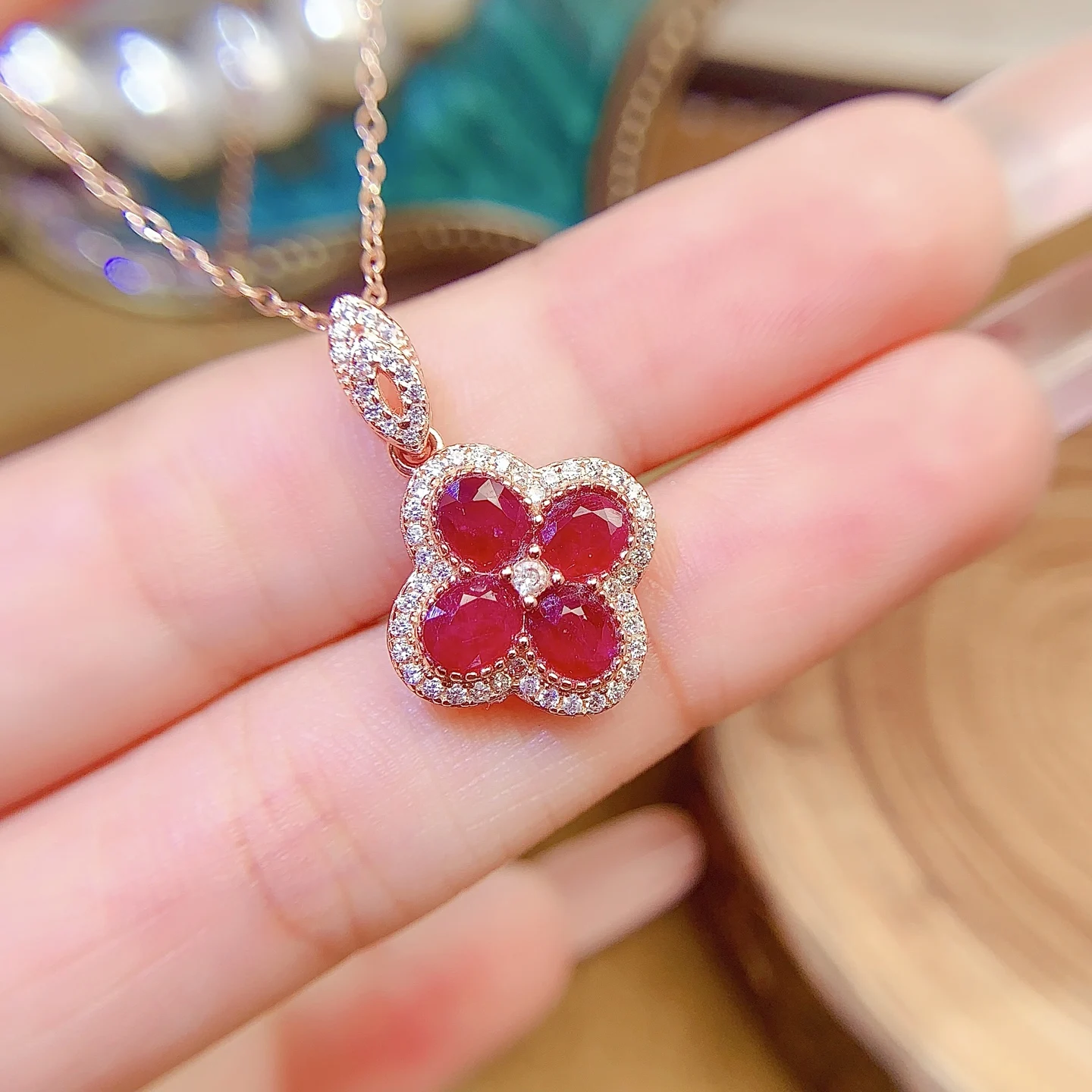 Natural Ruby Quatrefoil Pendant Necklace - view 1