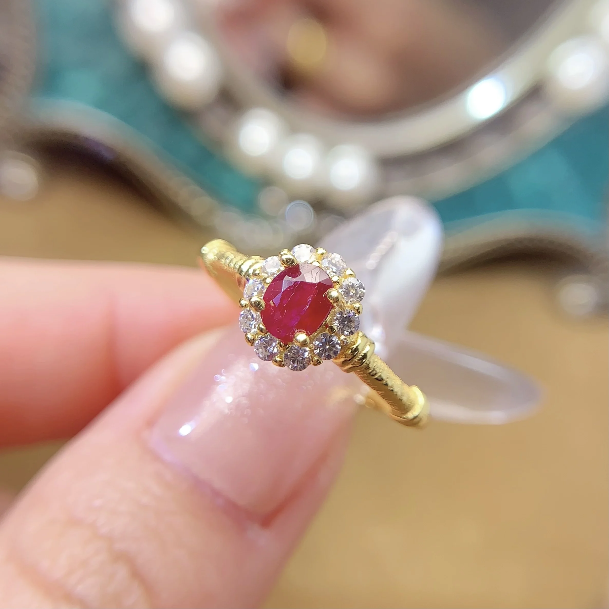 Natural Ruby Gold Halo Ring - view 1