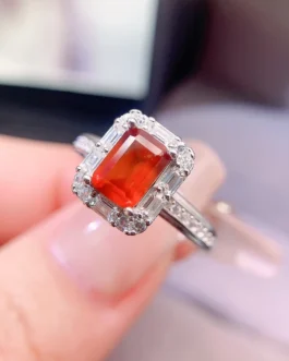 Natural Garnet Rectangular Halo Ring