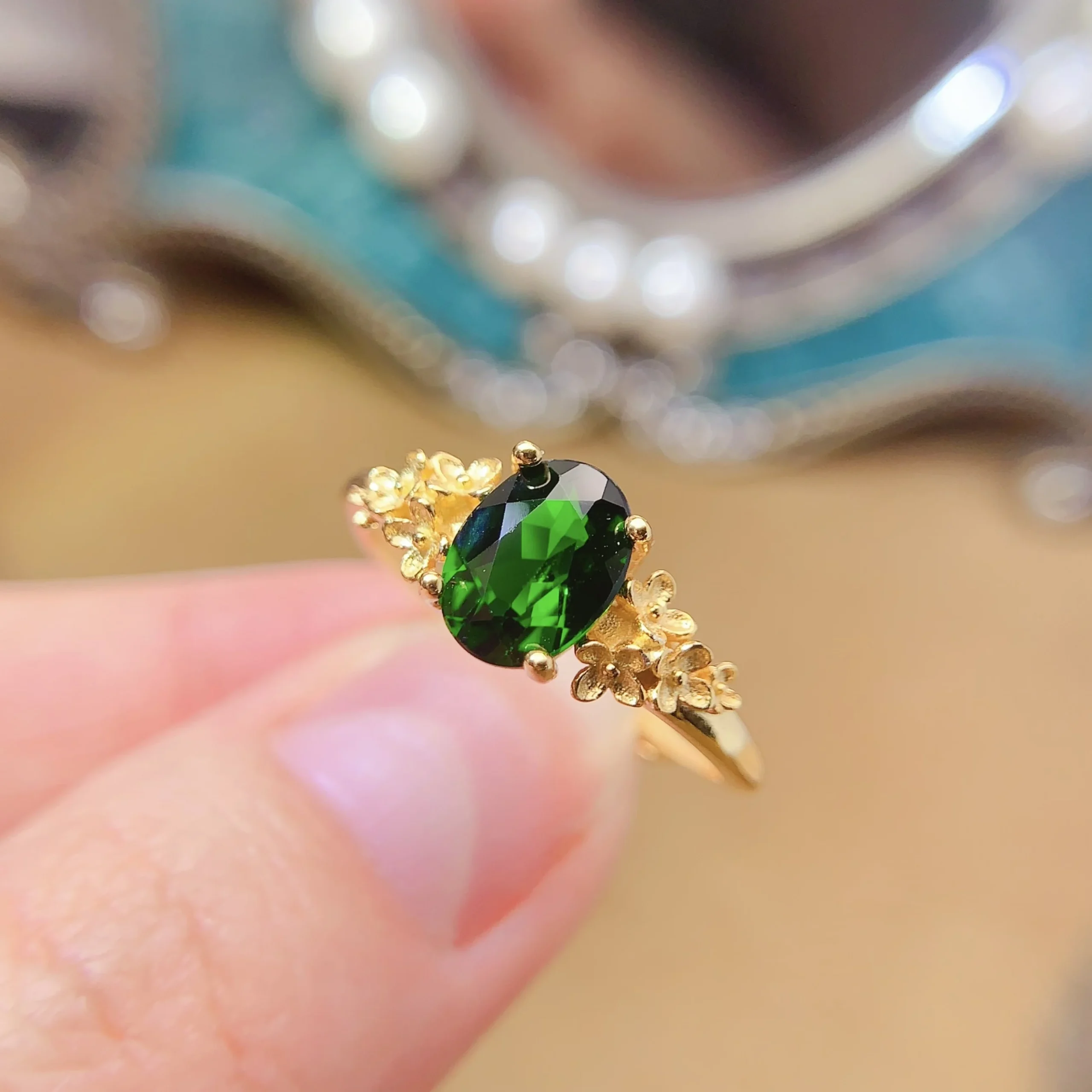 Natural Diopside Oval Halo Ring - view 2