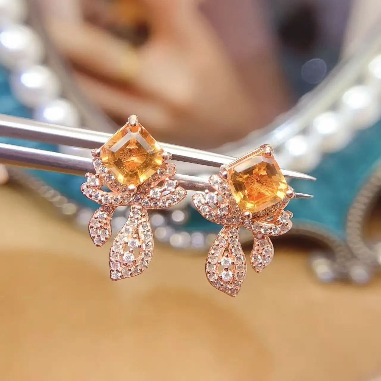 Natural Citrine Asscher Bow Earrings - view 1