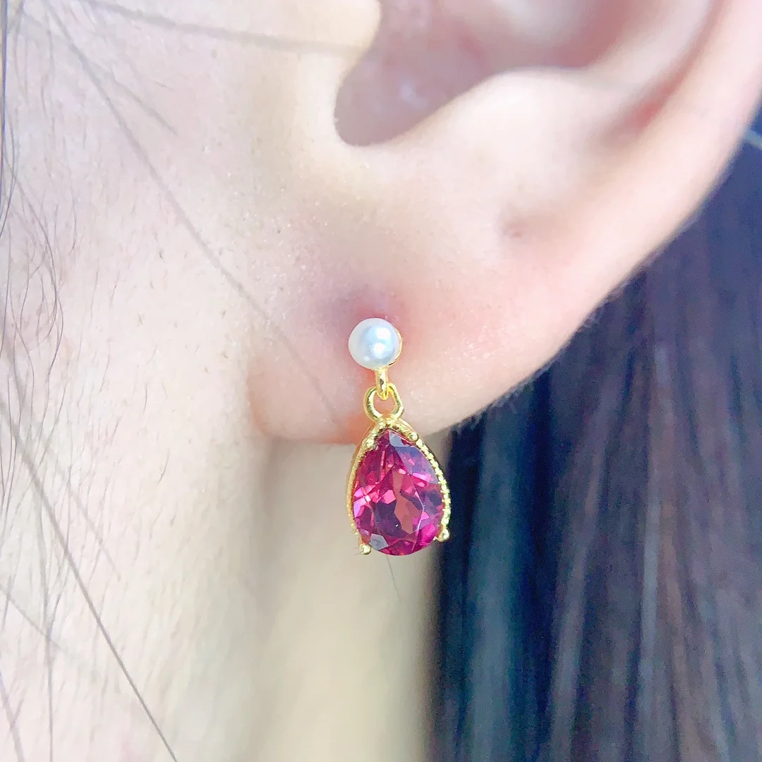 Natural Garnet Pear Stud Earrings - view 3