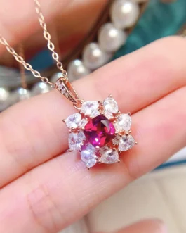 Natural Garnet Flower Pendant Necklace