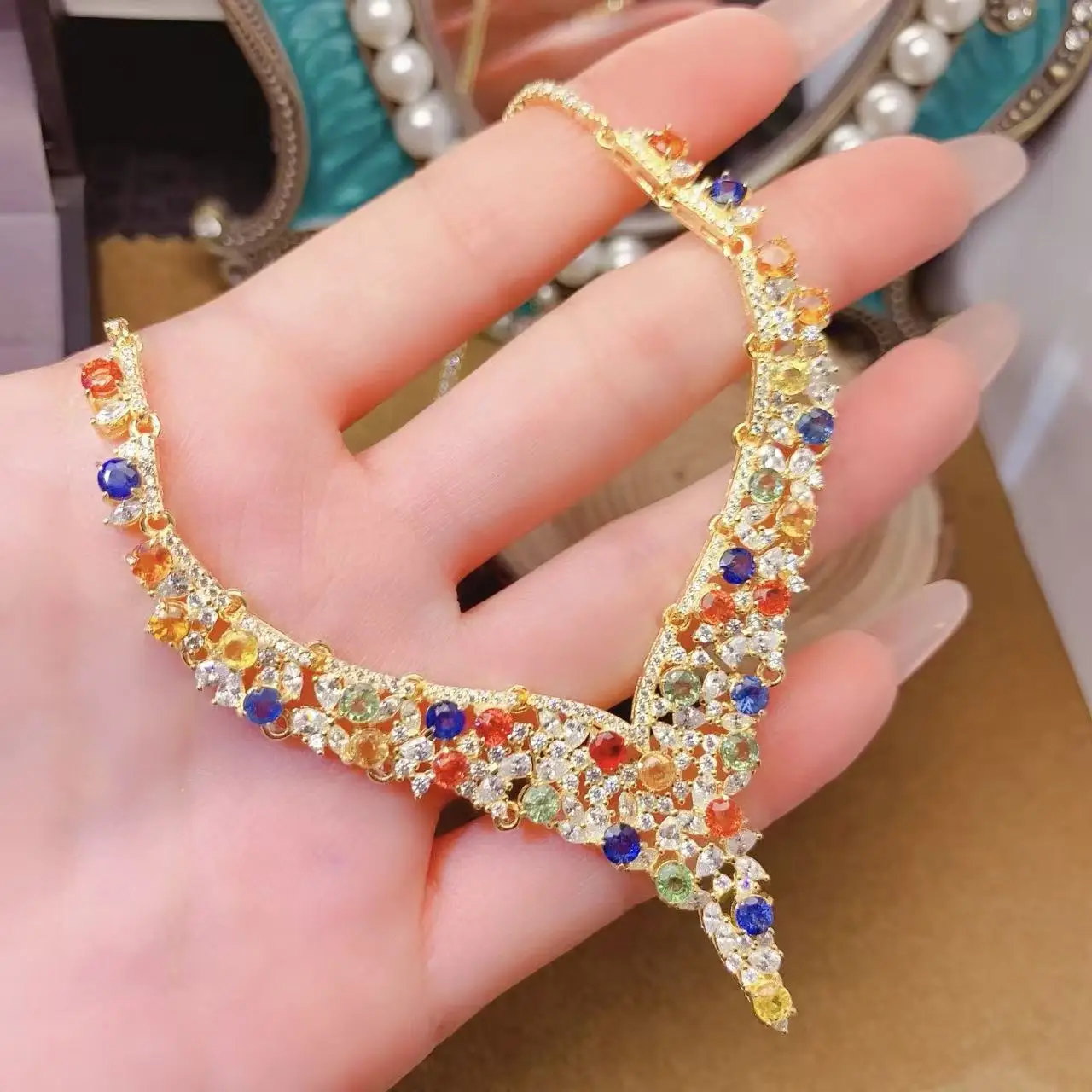 Natural Sapphire Bib Pendant Necklace - view 1