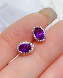 Natural Amethyst Oval Halo Earrings