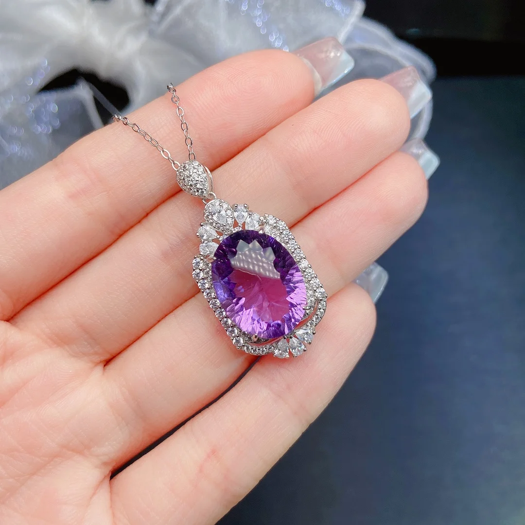 Natural Amethyst Oval Halo Pendant - view 2
