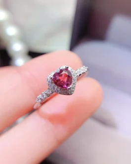 Natural Garnet Heart Halo Ring