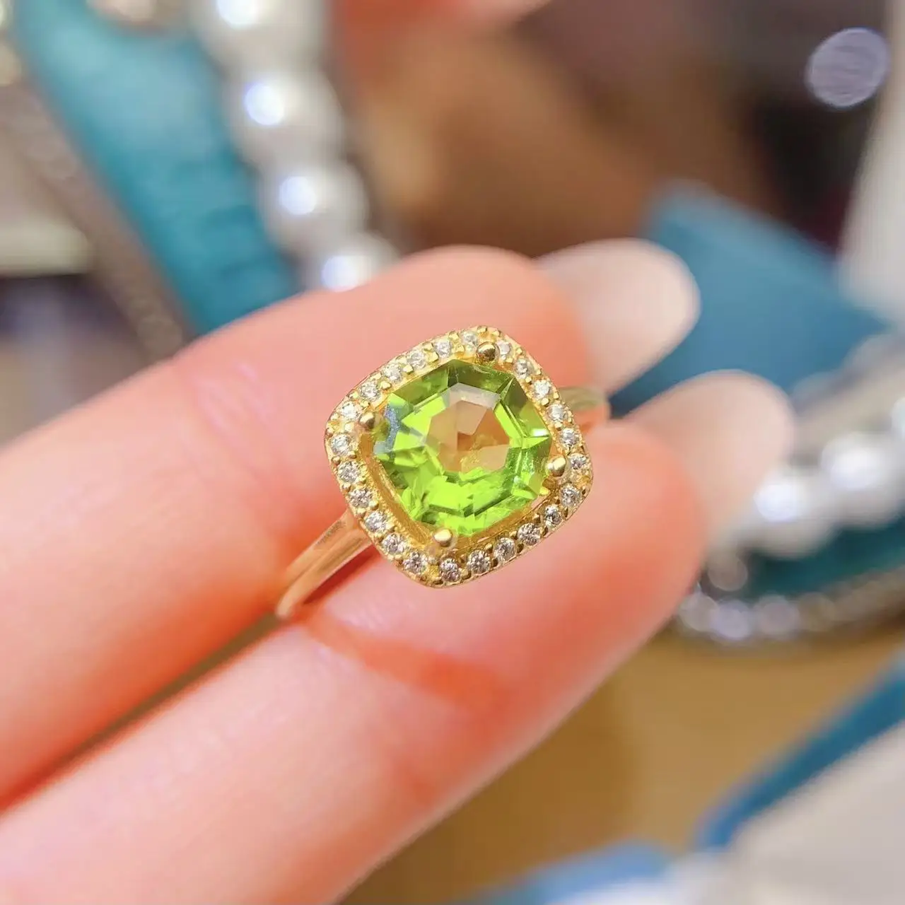 Natural Peridot Pear Halo Ring - view 1
