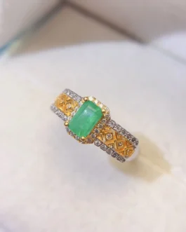 Natural Emerald Two-Tone Halo Ring