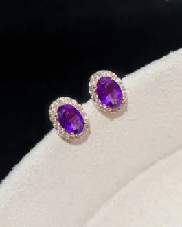 Natural Amethyst Oval Halo Earrings