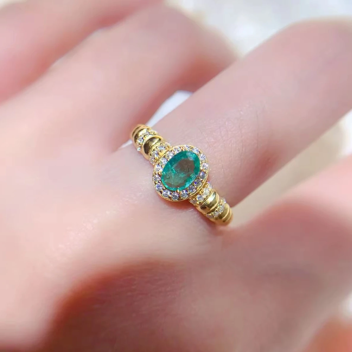 Natural Emerald Bamboo Halo Ring - view 1