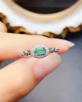 Natural Emerald Silver Halo Ring