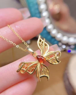 Natural Garnet Butterfly Pendant Necklace