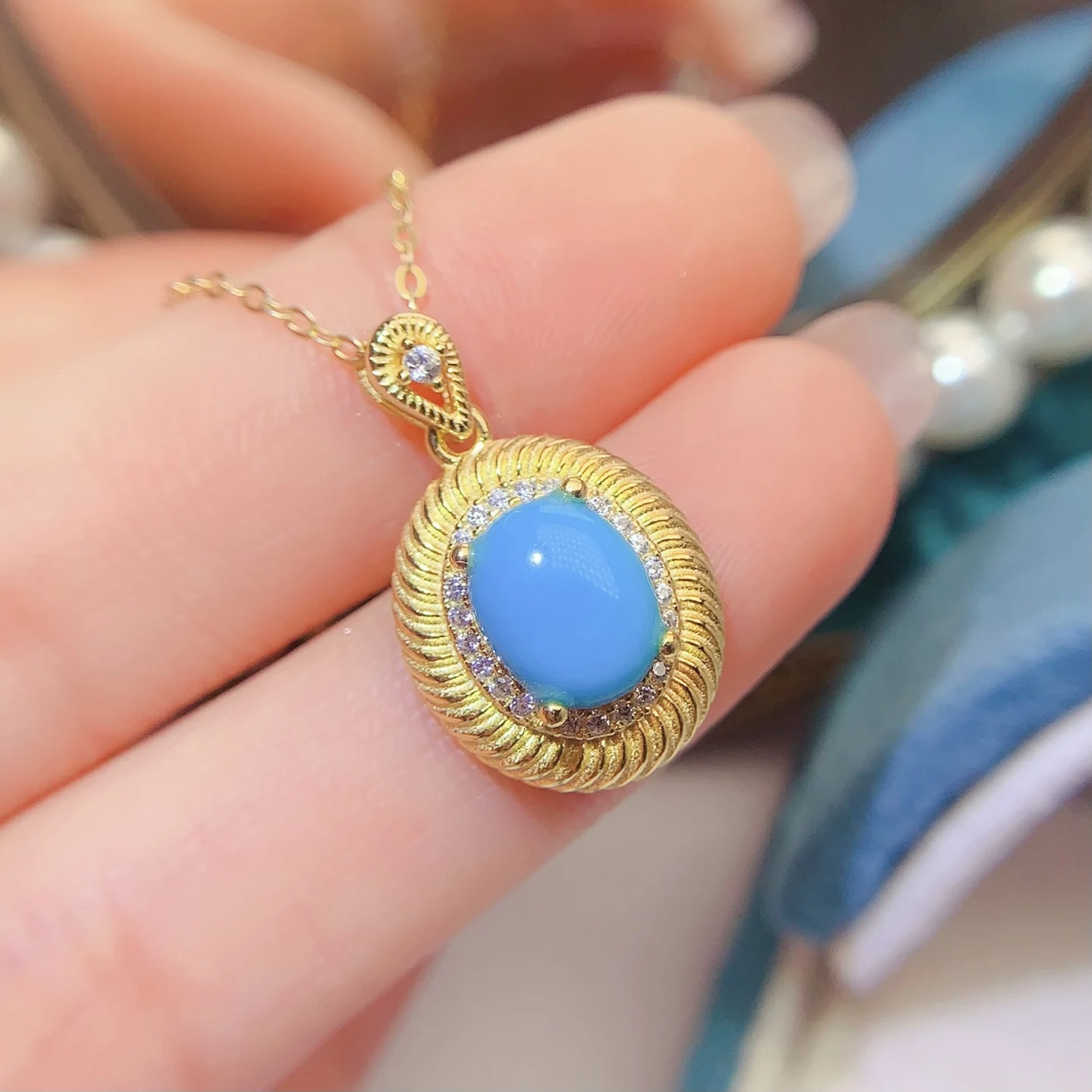 Natural Turquoise Greek Key Pendant Necklace - view 1