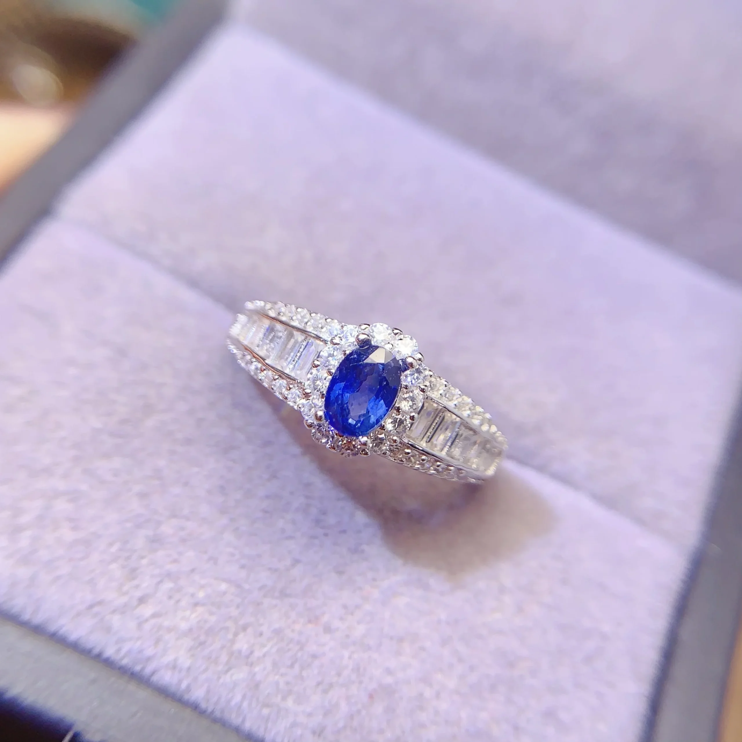 Natural Sapphire Baguette Halo Ring - view 2