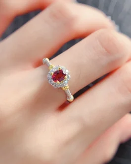 Natural Garnet Round Halo Ring