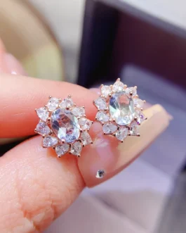 Natural Aquamarine Flower Stud Earrings