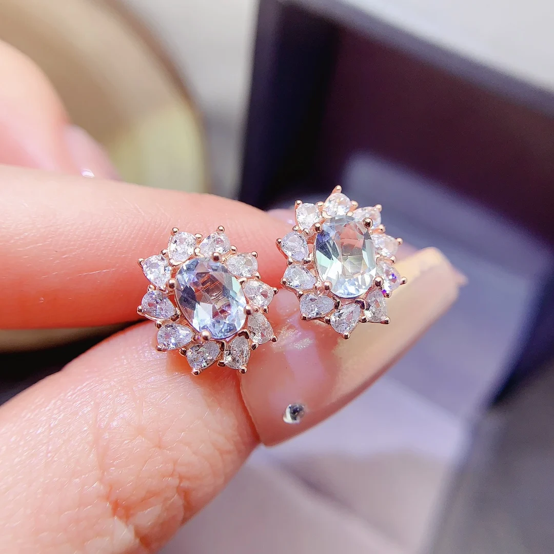 Natural Aquamarine Flower Stud Earrings - view 1